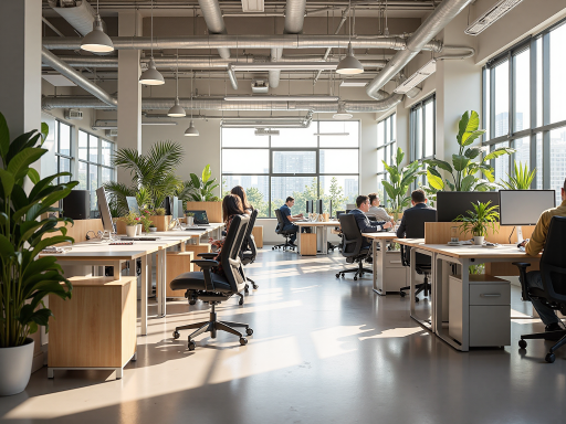 现代化办公环境，玻璃幕墙建筑内部，阳光透过大面积窗户洒入室内，员工在开放式工作区域专注工作，配备先进设备和绿色植物装饰