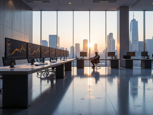 金融企业办公室内部，员工在现代化办公环境中工作，背景有多个显示屏显示数据分析图表