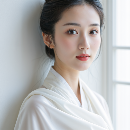 三十五岁左右女性头像，穿白色职业套装，黑色长发披肩，背景为浅灰色，正面微笑表情，明亮自然光