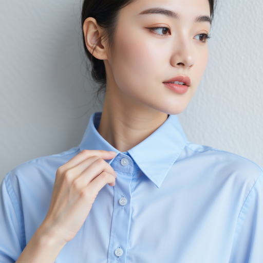 三十岁左右女性头像，穿浅蓝色衬衫，黑色短发，背景为浅绿色，正面微笑表情，明亮自然光